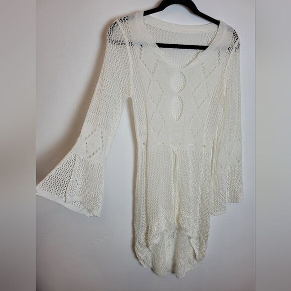 Sheer Crochet Lace Knit Swim Coverup White Fairy Cottage Ethereal Resort Medium - Picture 7 of 10